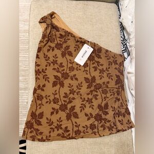 Zesica One-Shoulder Brown Floral Print Women's Top XL